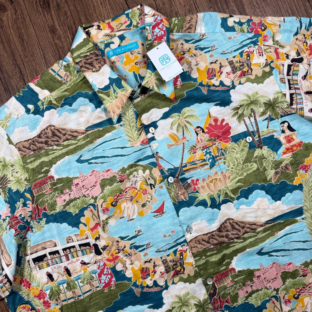 Tori Richard Hawaiian Shirt Mens 2XB Blue Boat Day Aloha Lagoon Hula Girl NWT